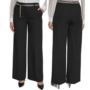 Tommy Hilfiger Women’s Black Chain Belt Wide-Leg Trousers Size 14 Work Pants